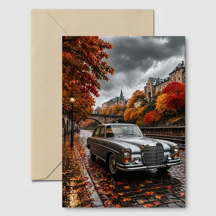 Mercedes S Class Wet Cobblestone Autumn Street