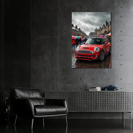 Mini Cooper S Red Rainy City Street