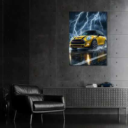 Mini Cooper S Yellow Car In Thunderstorm