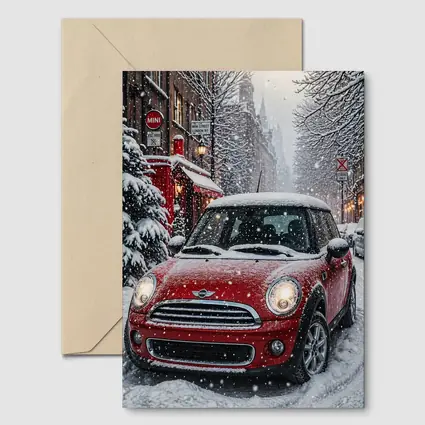 Mini Cooper Red Car Snowy London Street