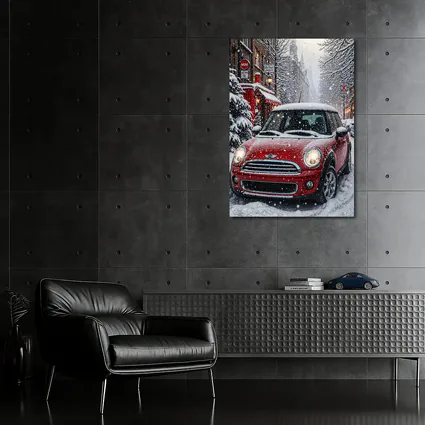 Mini Cooper Red Car Snowy London Street