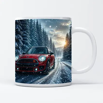 Red Mini Countryman Driving Snowy Forest Road