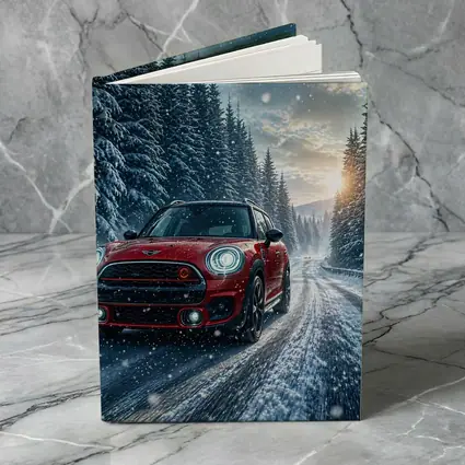 Red Mini Countryman Driving Snowy Forest Road