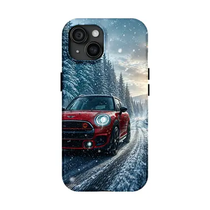 Red Mini Countryman Driving Snowy Forest Road