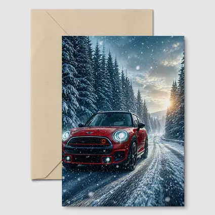 Red Mini Countryman Driving Snowy Forest Road