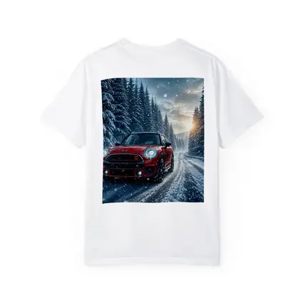 Red Mini Countryman Driving Snowy Forest Road
