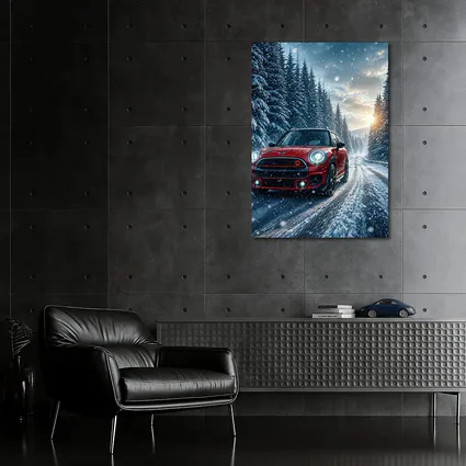Red Mini Countryman Driving Snowy Forest Road