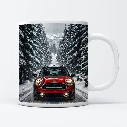 Mini Countryman Red SUV Snowy Forest Road