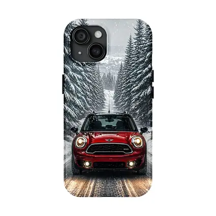 Mini Countryman Red SUV Snowy Forest Road
