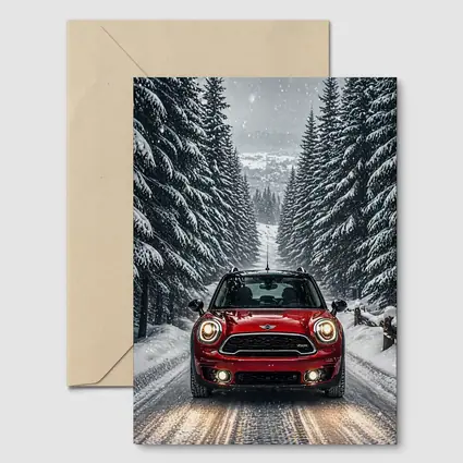 Mini Countryman Red SUV Snowy Forest Road