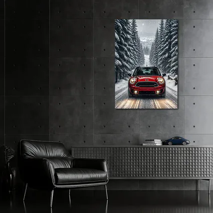 Mini Countryman Red SUV Snowy Forest Road