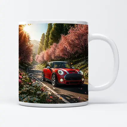 Red Mini Cooper S Cherry Blossom Road