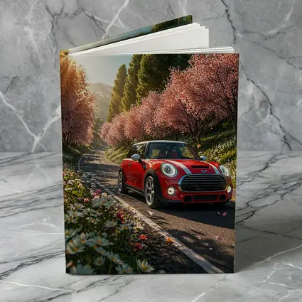 Red Mini Cooper S Cherry Blossom Road