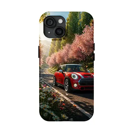 Red Mini Cooper S Cherry Blossom Road