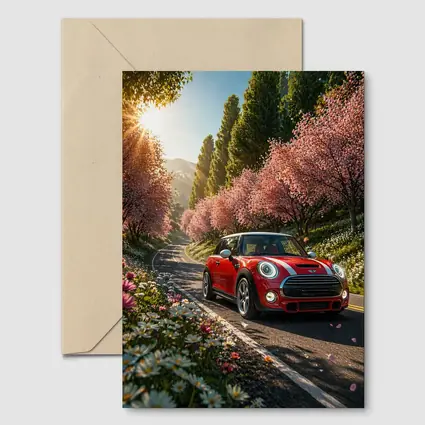 Red Mini Cooper S Cherry Blossom Road