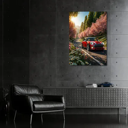 Red Mini Cooper S Cherry Blossom Road
