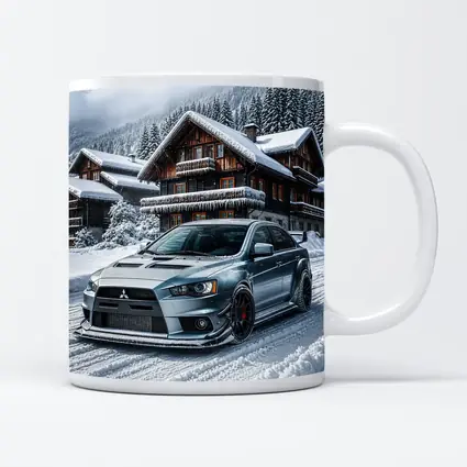 Mitsubishi Lancer Evolution Silver Winter Mountain Scene