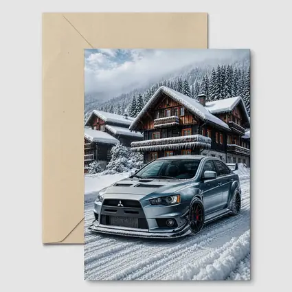 Mitsubishi Lancer Evolution Silver Winter Mountain Scene