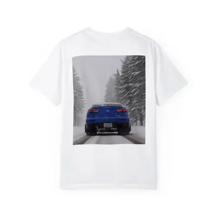 Mitsubishi Lancer Blue Driving Snowy Winter Road
