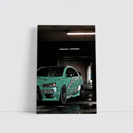 Mitsubishi Lancer Evo Teal Wrap Parking Garage