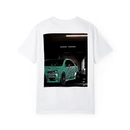 Mitsubishi Lancer Evo Teal Wrap Parking Garage