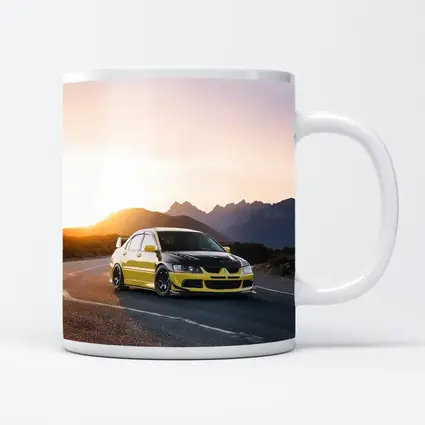 Mitsubishi Lancer Evolution Yellow Mountain Sunset Road