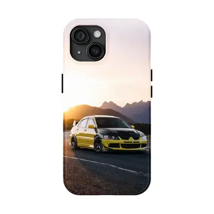Mitsubishi Lancer Evolution Yellow Mountain Sunset Road