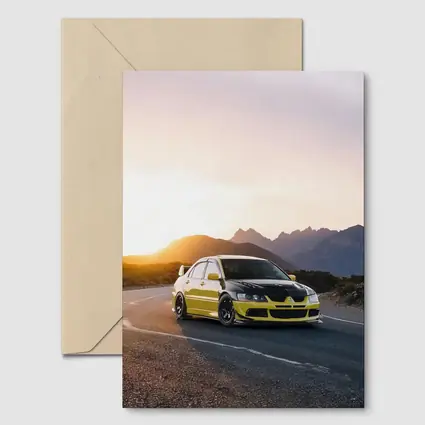 Mitsubishi Lancer Evolution Yellow Mountain Sunset Road
