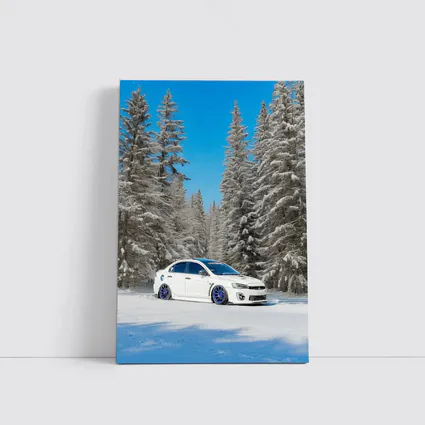 Mitsubishi Lancer White Slammed Snowy Forest