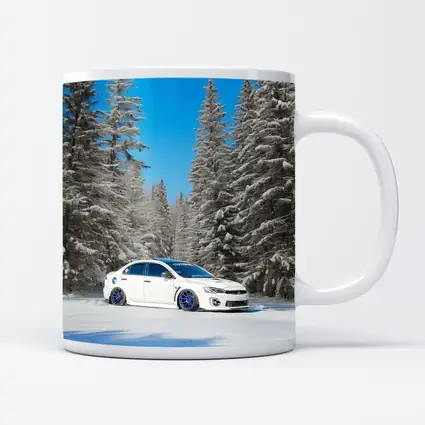 Mitsubishi Lancer White Slammed Snowy Forest
