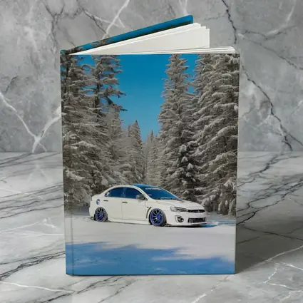 Mitsubishi Lancer White Slammed Snowy Forest