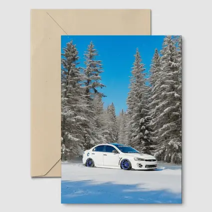 Mitsubishi Lancer White Slammed Snowy Forest