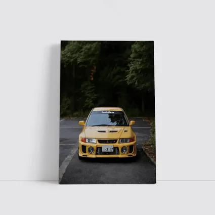 Mitsubishi Lancer Evolution Yellow Forest Road