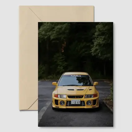 Mitsubishi Lancer Evolution Yellow Forest Road