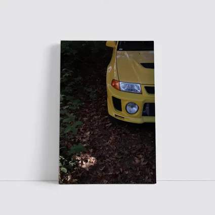 Yellow Mitsubishi Lancer Evolution Forest Trail