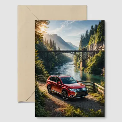 Mitsubishi Outlander Red SUV Mountain River Bridge