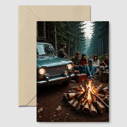 Mitsubishi Classic Car Forest Campfire Friends