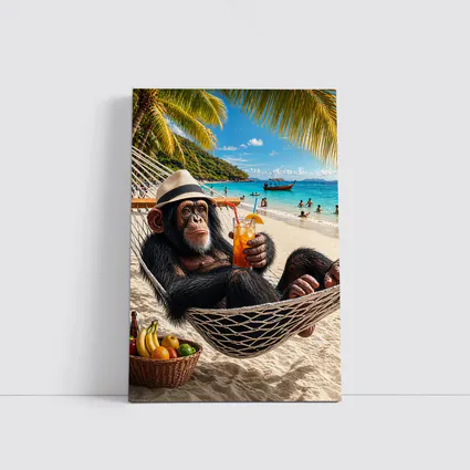 Chimpanzee Relaxing on Beach Hammock with Cocktail