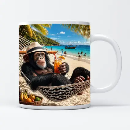 Chimpanzee Relaxing on Beach Hammock with Cocktail