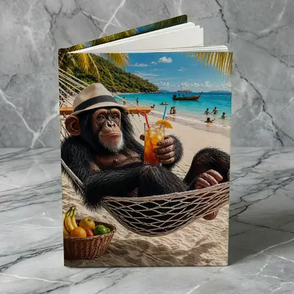 Chimpanzee Relaxing on Beach Hammock with Cocktail