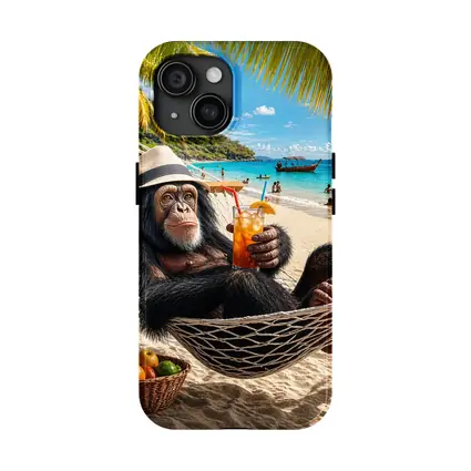 Chimpanzee Relaxing on Beach Hammock with Cocktail