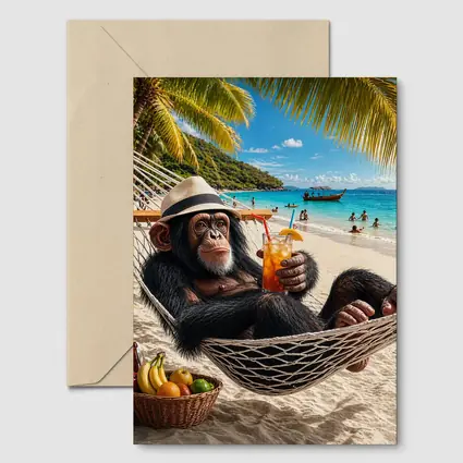 Chimpanzee Relaxing on Beach Hammock with Cocktail