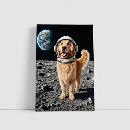 Golden Retriever Astronaut Standing On Moon