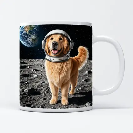 Golden Retriever Astronaut Standing On Moon