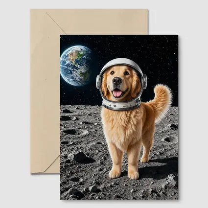 Golden Retriever Astronaut Standing On Moon