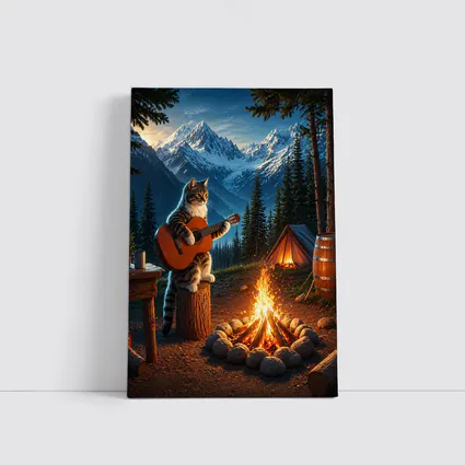 Tabby Cat Playing Guitar Campfire Mountains
