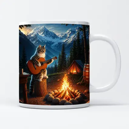 Tabby Cat Playing Guitar Campfire Mountains