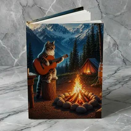 Tabby Cat Playing Guitar Campfire Mountains