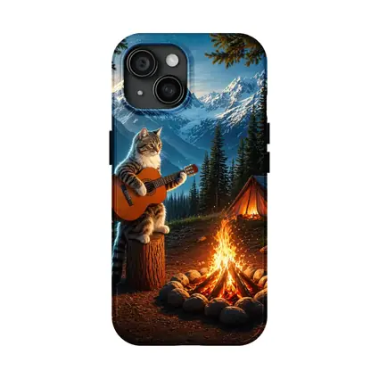 Tabby Cat Playing Guitar Campfire Mountains