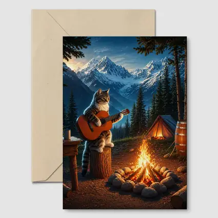 Tabby Cat Playing Guitar Campfire Mountains